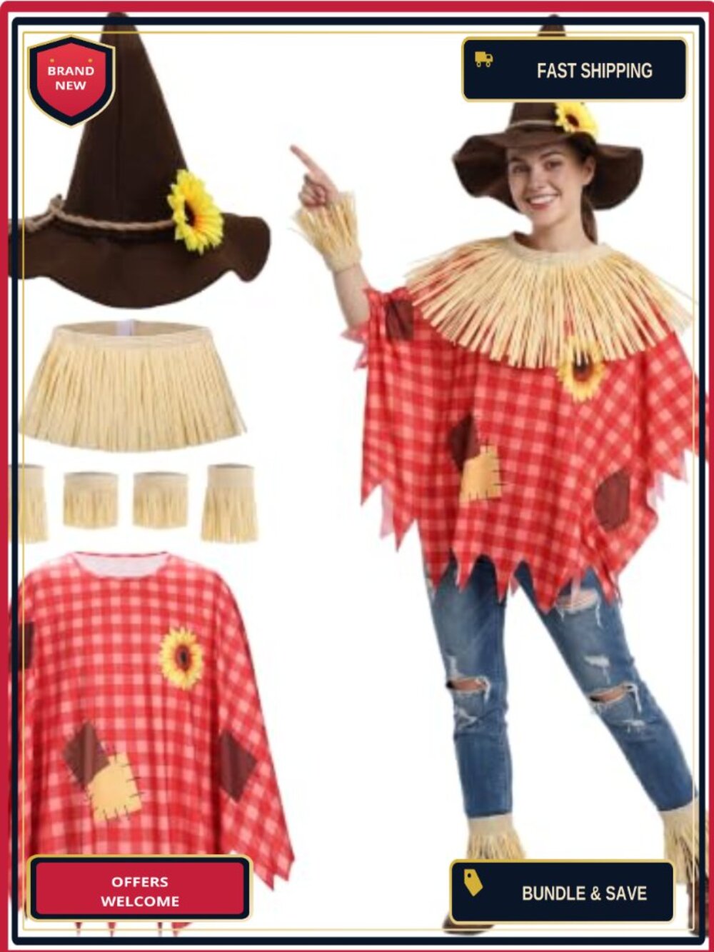 Scarecrow Costume Set Adults Raffia Paper Milk Silk Poncho Hat Halloween Cosplay